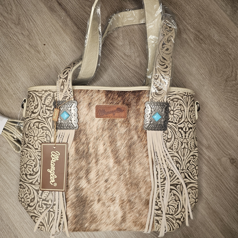 Wrangler Tan and Brown Tote with Fringe and Turquoise Accents